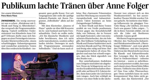 Zeitungsartikel über Anne Folgers Auftritt in Zwingenbert